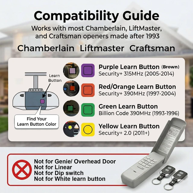 Alt view image 2 of 6 - 3-in-1 Garage Door Opener Keypad with 2 Keychain Remote Compatible with Liftmaster Chamberlain Craftsman with Yellow Purple Red Orange Green Learn Button Universal Replaces 877MAX 878MAX 893MAX 973LM