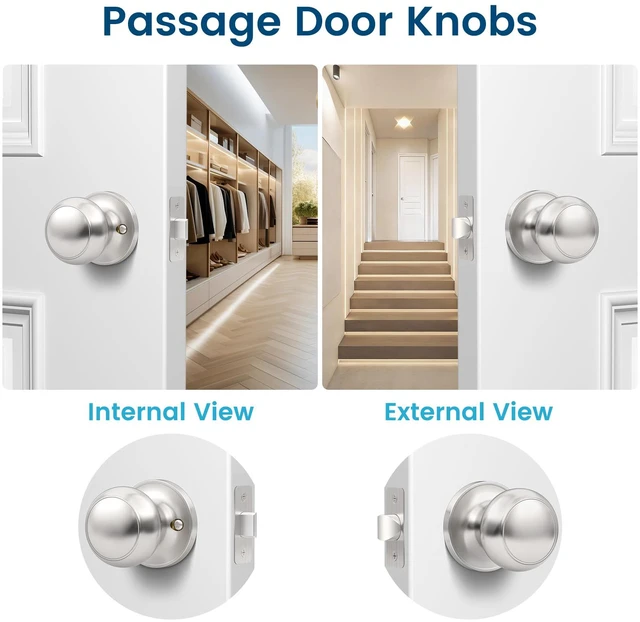 Alt view image 2 of 7 - 5 Pack Brushed Nickel Door Knob, Round Interior Door Knobs for Hallway Closet, Non-Locking Passage Door Knobs, Keyless Door Handles for Left/Right Handle Doors