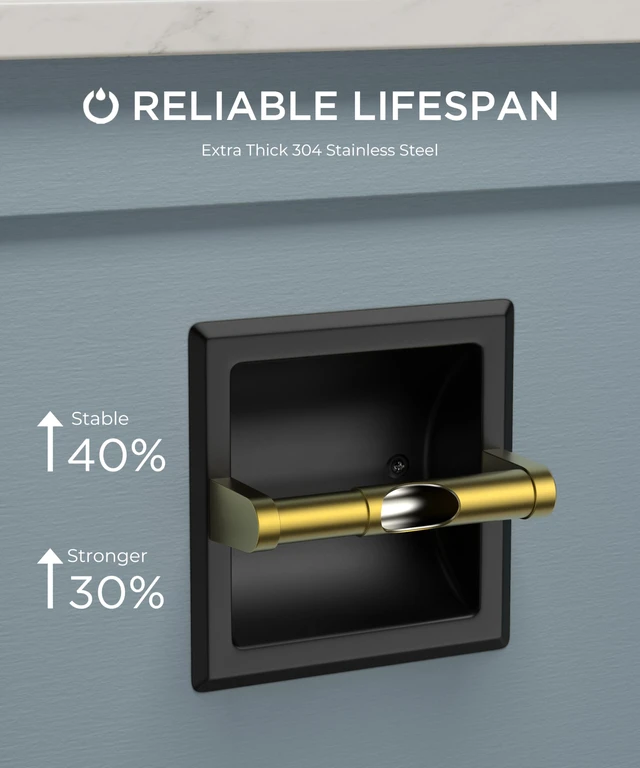 Alt view image 4 of 7 - Recessed Toilet Paper Holder for Mega Rolls, Black and Gold Stainless Steel Tissue Roll Holder Wall Mount for Bathroom Space-Saving Design, in Wall Toilet Paper Dispenser Insert