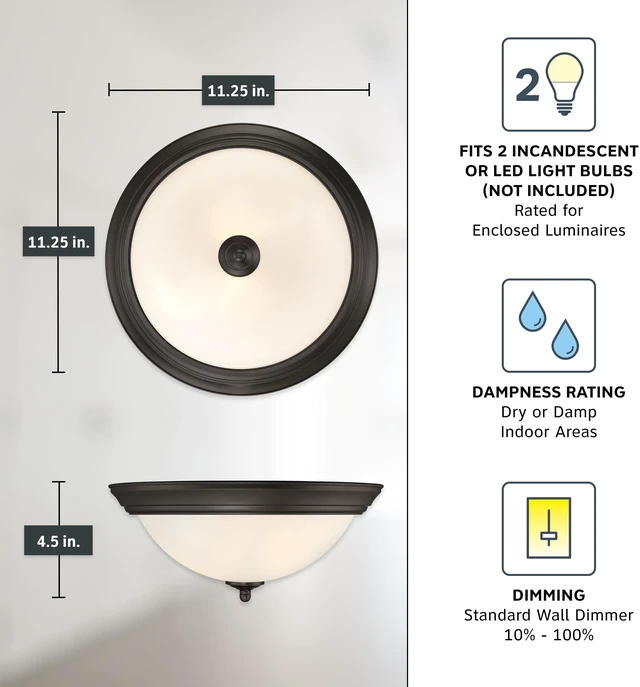 Alt view image 4 of 6 - Flush Mount Ceiling Light, 11 Inch Frosted Glass Lighting Fixture for Kitchen, Bedroom, Bathroom, and Hallway, LED Bulbs not Included, Oil Rubbed Bronze