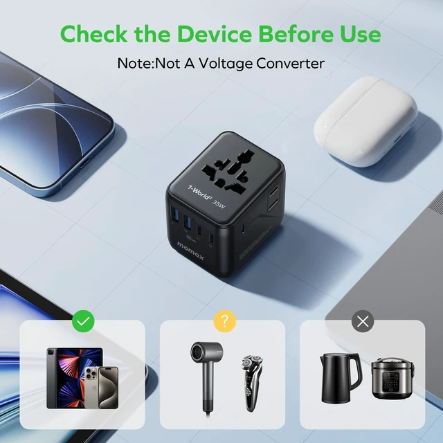 Alt view image 2 of 2 - Mini 35W Universal Travel Adapter 7-in-1 GaN Plug Power Adapter AC*2/USB-C*3 PD/USB-A*2 QC, Plug Adapter for UK/AUS/EU/JP and 200+ Countries, Compact Travel Adapter for Laptop/Phone, Black