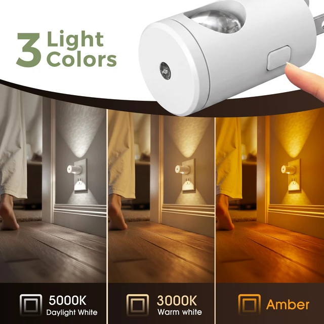 Alt view image 3 of 7 - Night Lights Plug into Wall, Dimmable Night Light Plug in 3000K/5000K/Amber, 5 Lever Brightness, Nightlight Dusk to Dawn, 180° Rotatable, Bedroom, Bathroom, Hallway, White, 6Pack