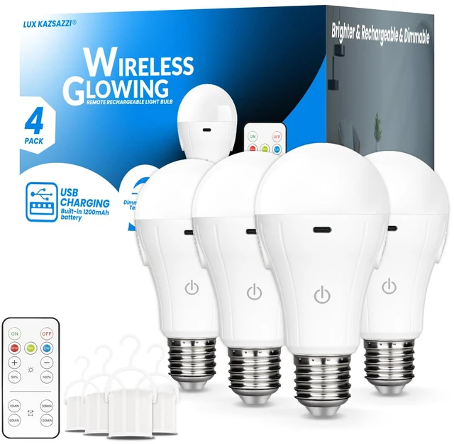 Main image of WirelessGlow Rechargeable Light Bulbs with Remote, 3 Color Temperatures and Dimmable Battery Light Bulbs, Touch Control + USB Rechargeable Battery Operated Light Bulb, A19