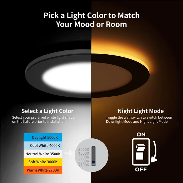 Alt view image 2 of 6 - 6 Pack 4 Inch 5CCT LED Recessed Lighting with Night Light, Black 9W 750LM, 2700K-5000K Ultra-Thin Ceiling Lights, Dimmable Canless Wafer Downlight with J-Box, IC & Damp Rated, ETL & FCC