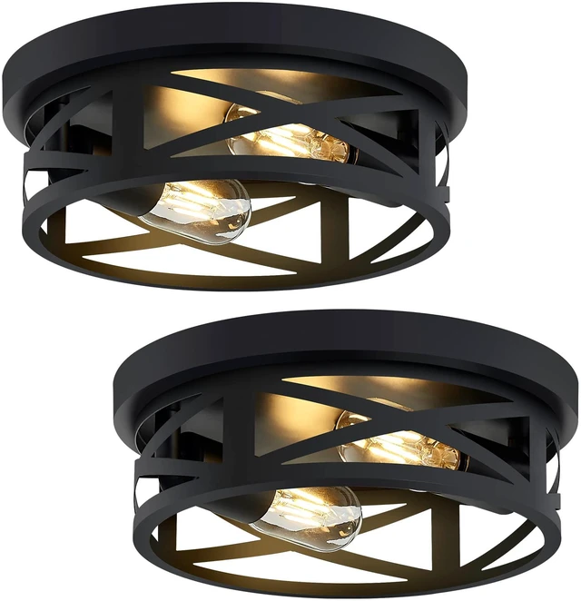 Main image of 2 Pack Black Flush Mount Ceiling Light,Industrial Farmhouse Metal Cage Black Light Fixtures Ceiling Mount for Kitchen Entryway Hallway E26 Base (10.63in)
