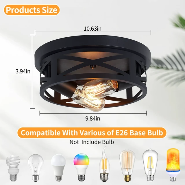 Alt view image 3 of 6 - 2 Pack Black Flush Mount Ceiling Light,Industrial Farmhouse Metal Cage Black Light Fixtures Ceiling Mount for Kitchen Entryway Hallway E26 Base (10.63in)