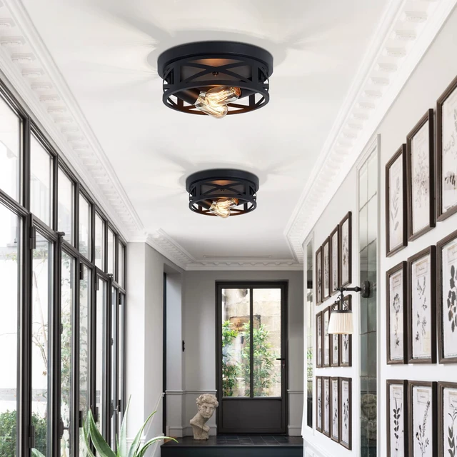 Alt view image 6 of 6 - 2 Pack Black Flush Mount Ceiling Light,Industrial Farmhouse Metal Cage Black Light Fixtures Ceiling Mount for Kitchen Entryway Hallway E26 Base (10.63in)