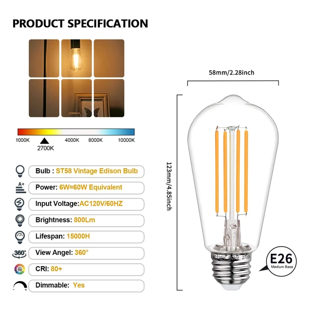 Alt view image 2 of 7 - 12Pack ST58/19 Vintage LED Edison Bulbs, E26 LED Bulb 60 Watt Dimmable Warm White 2700K, 800LM 6W Equivalent 60W LED Filament Light Bulb, Shatter Resistant LED Edison Light Bulbs for Home Lighting