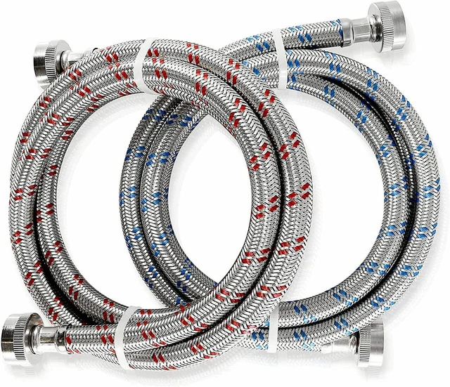 Main image of Premium 6ft Washing Machine Hoses Burst Proof 2 Pack - Hot and Cold Water Supply Hoses for Washing Machines (Stainless Steel)