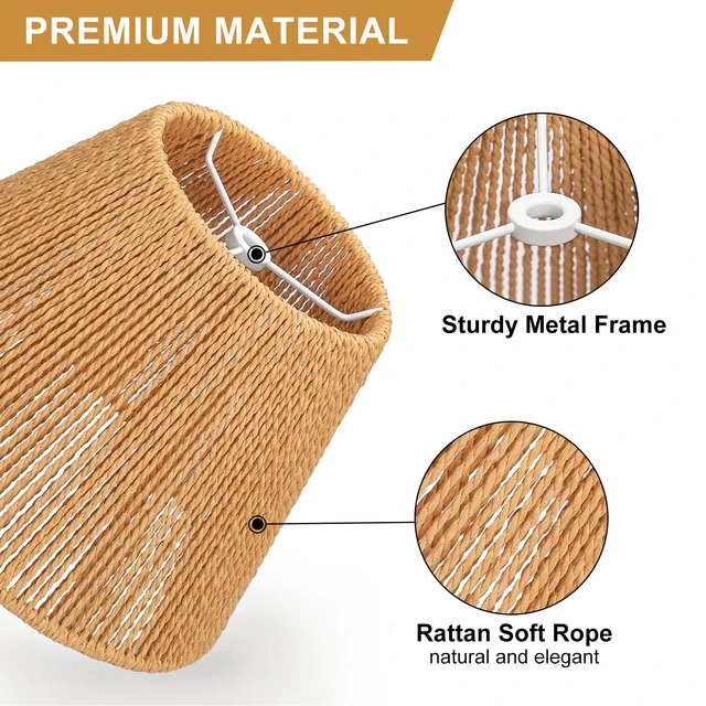 Alt view image 2 of 7 - Small Rattan Lamp Shades Set of 2, Boho Lamp Shades for Table Lamps, 5.5" Top x 10" Bottom x 6.6" High, Wicker Lampshade Replacement for Bedroom, Hand Woven, Spider, Bulb Clip Adapters Included