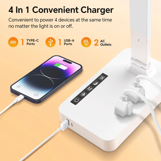 Alt view image 2 of 7 - Desk Lamp with USB Charging Port: Power Strip with Surge Protection - 1 Type-C, 1 USB-A Charging Port, 2 AC Power Outlets, Desk Lamps for Home Office College Dorm Room Essentials