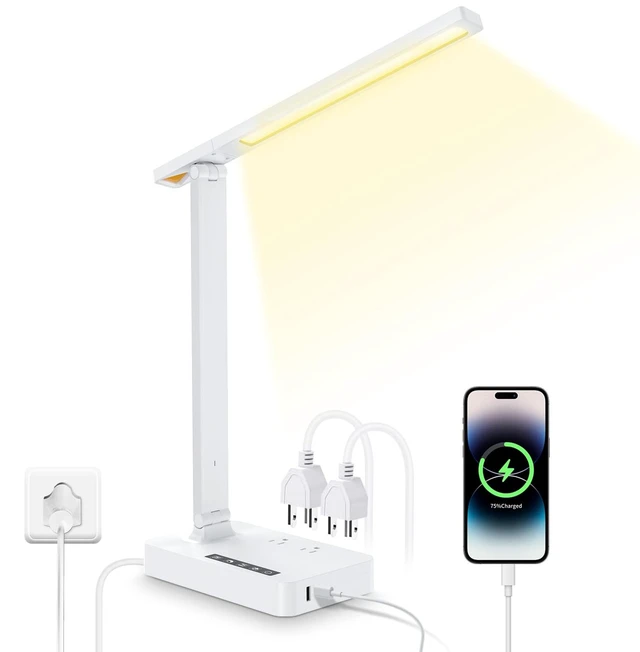 Main image of Desk Lamp with USB Charging Port: Power Strip with Surge Protection - 1 Type-C, 1 USB-A Charging Port, 2 AC Power Outlets, Desk Lamps for Home Office College Dorm Room Essentials