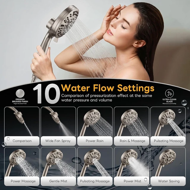 Alt view image 4 of 7 - Magnetic Handheld Shower Head Brushed Nickel Magnetic Docking System,10-Function High Pressure Detachable Shower Head, 5-inch Shower head with 60 Inch Hose