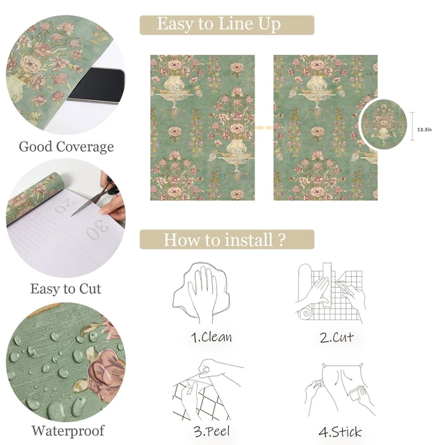 Alt view image 4 of 7 - Floral Wallpaper Peel and Stick Wallpaper Modern Contact Paper 17.3nx393.7in Self Adhesive Wall Paper for Bedroom Bathroom Shelf Liner Decor Removable