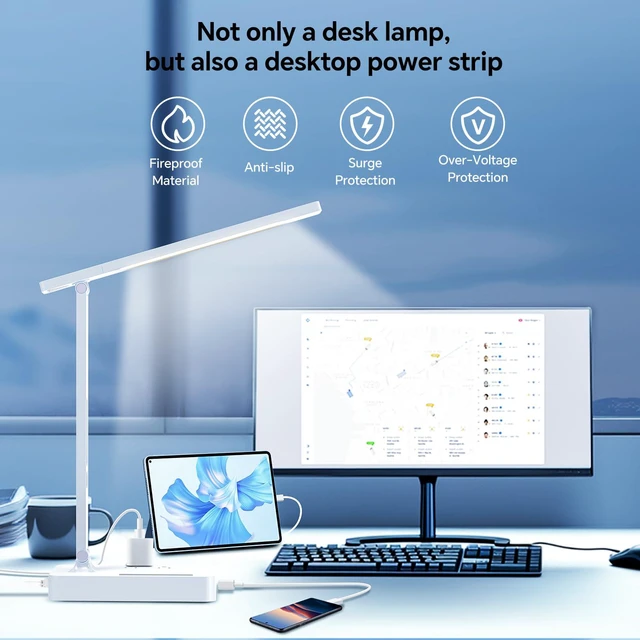 Alt view image 7 of 7 - Desk Lamp with USB Charging Port: Power Strip with Surge Protection - 1 Type-C, 1 USB-A Charging Port, 2 AC Power Outlets, Desk Lamps for Home Office College Dorm Room Essentials