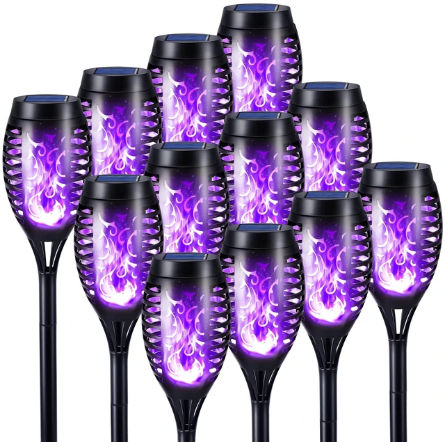 Main image of Solar Torch Flame Lights, 12 Pack Solar Halloween Lights Outdoor with Flickering Flame, Waterproof Patio Light Landscape Decoration Lighting for Garden Yard Outdoor Halloween Decor - Purple