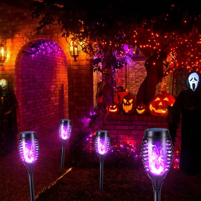 Alt view image 2 of 7 - Solar Torch Flame Lights, 12 Pack Solar Halloween Lights Outdoor with Flickering Flame, Waterproof Patio Light Landscape Decoration Lighting for Garden Yard Outdoor Halloween Decor - Purple