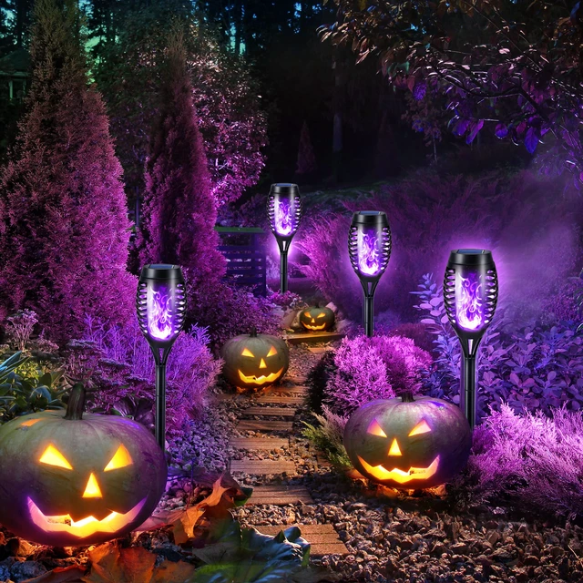 Alt view image 3 of 7 - Solar Torch Flame Lights, 12 Pack Solar Halloween Lights Outdoor with Flickering Flame, Waterproof Patio Light Landscape Decoration Lighting for Garden Yard Outdoor Halloween Decor - Purple