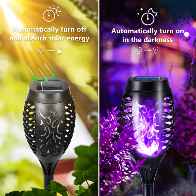 Alt view image 5 of 7 - Solar Torch Flame Lights, 12 Pack Solar Halloween Lights Outdoor with Flickering Flame, Waterproof Patio Light Landscape Decoration Lighting for Garden Yard Outdoor Halloween Decor - Purple