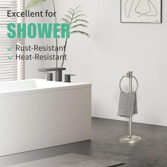 Alt view image 4 of 7 - Hand Towel Holder Stand Free Standing Towel Bar Brushed Nickel 17 Inch Hanging Floor Hand Towel Rack Ring, for Bathroom Kitchen Countertops, Hardware Accessories SUS 304 Heavy-Duty Base