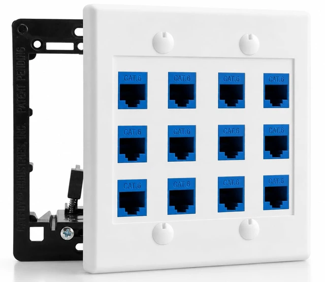 Main image of 12 Port Ethernet Wall Plate, Cat 6, Wall Outlet, RJ45 Female to Female Keystone Jacks - White