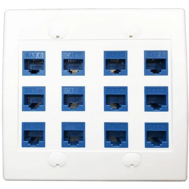 Alt view image 3 of 7 - 12 Port Ethernet Wall Plate, Cat 6, Wall Outlet, RJ45 Female to Female Keystone Jacks - White