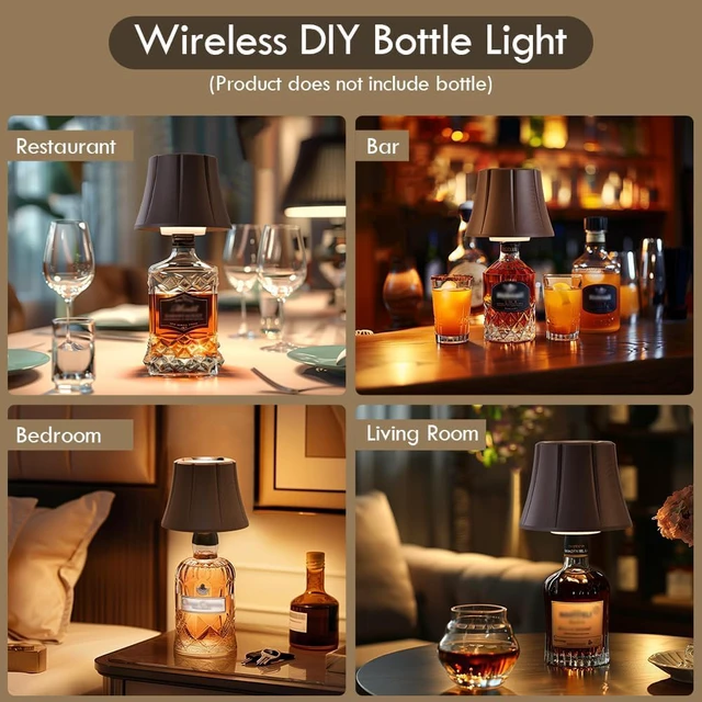 Alt view image 3 of 7 - Wireless Bottle Lamp for Liquor Bottles, Dimmable Cordless Lamp Shade Battery Operated Night Light, Wine Bottle Lamp Topper for Table Bedroom, Bar Decor, Living Room, Gifts for Women Men