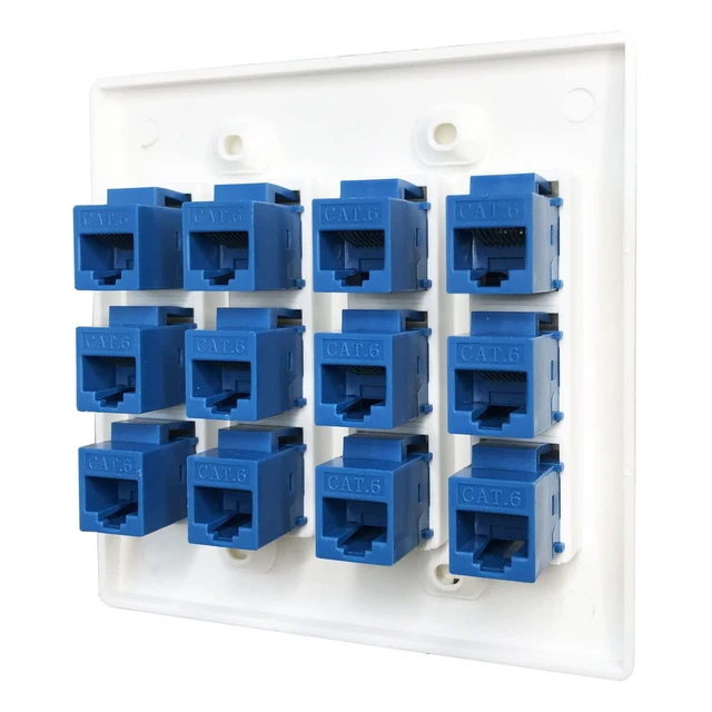 Alt view image 4 of 7 - 12 Port Ethernet Wall Plate, Cat 6, Wall Outlet, RJ45 Female to Female Keystone Jacks - White