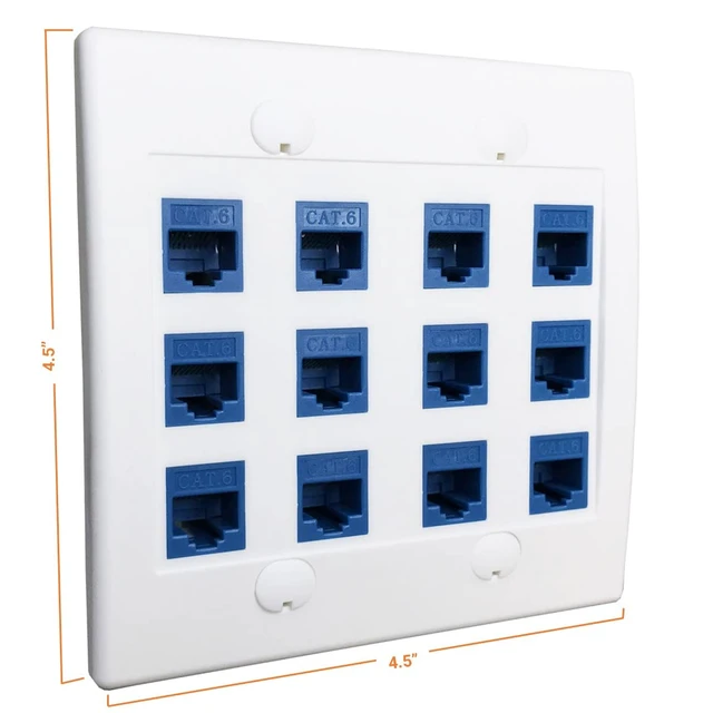 Alt view image 7 of 7 - 12 Port Ethernet Wall Plate, Cat 6, Wall Outlet, RJ45 Female to Female Keystone Jacks - White