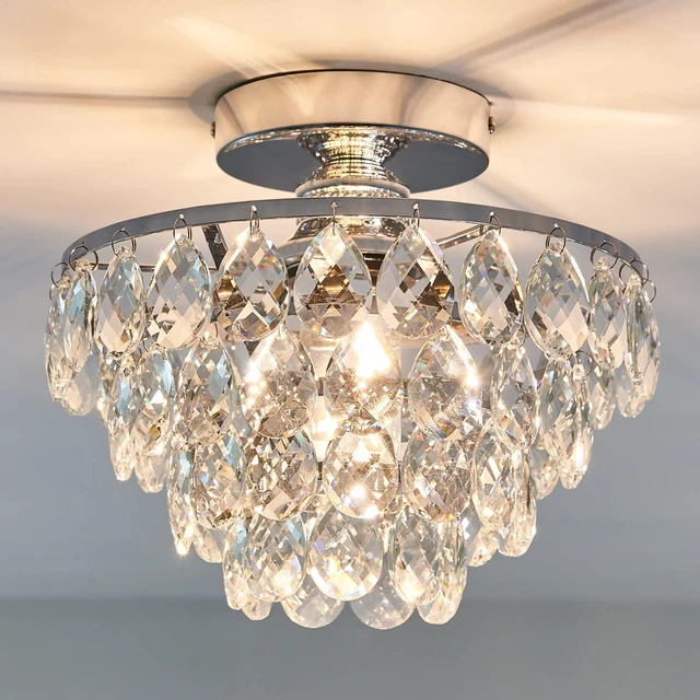 Main image of Modern E26 Small Crystal Chandelier Semi Flush Mount Ceiling Light Fixture Silver Ceiling Lamp for Hallway Bedroom Bathroom Closet Bedroom Foyer Chrome