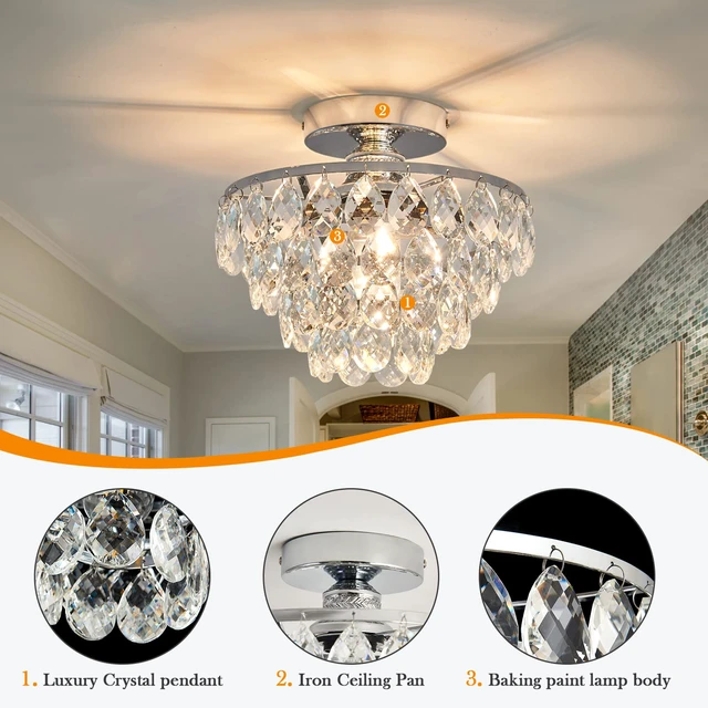 Alt view image 3 of 7 - Modern E26 Small Crystal Chandelier Semi Flush Mount Ceiling Light Fixture Silver Ceiling Lamp for Hallway Bedroom Bathroom Closet Bedroom Foyer Chrome