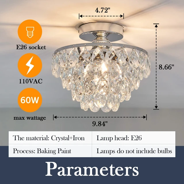 Alt view image 2 of 7 - Modern E26 Small Crystal Chandelier Semi Flush Mount Ceiling Light Fixture Silver Ceiling Lamp for Hallway Bedroom Bathroom Closet Bedroom Foyer Chrome
