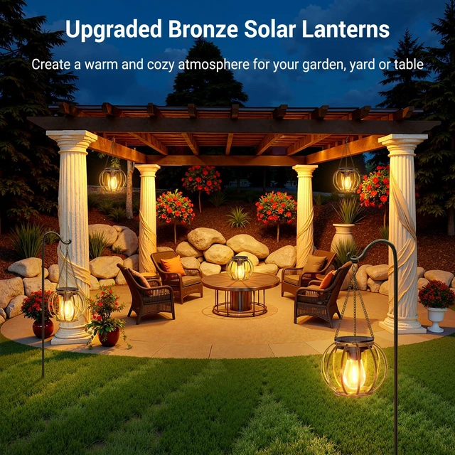 Alt view image 3 of 7 - Solar Lanterns Outdoor Waterproof, 4 Pack Upgraded Bronze Metal Hanging Solar Lights Outdoor Lanterns, Brighter Auto On/Off Outdoor Hanging Lantern for Yard Patio Pathway Porch Garden Decor