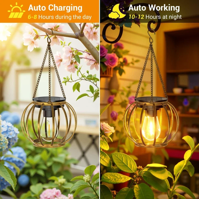 Alt view image 4 of 7 - Solar Lanterns Outdoor Waterproof, 4 Pack Upgraded Bronze Metal Hanging Solar Lights Outdoor Lanterns, Brighter Auto On/Off Outdoor Hanging Lantern for Yard Patio Pathway Porch Garden Decor