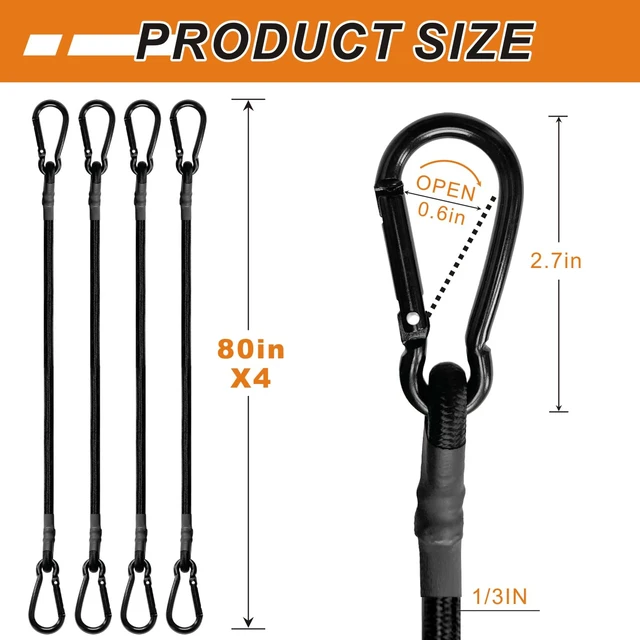 Alt view image 5 of 6 - 80in 4 Pcs Bungee Cords with Carabiner Hooks Heavy Duty, Outdoor Black Bungee Straps, Strong Industrial Grade Elastic Bungee Rope for Securing Tarps, Luggage, TentsBikes or Garden Tidying