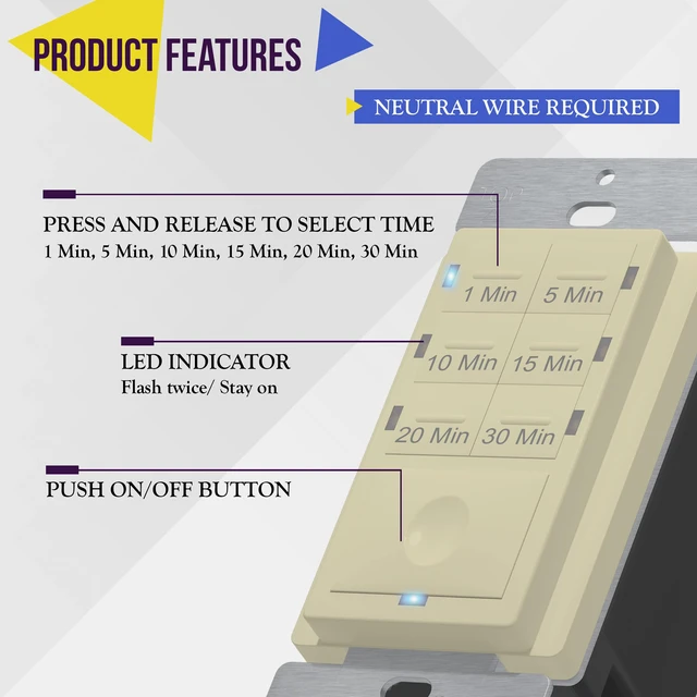 Alt view image 2 of 7 - Countdown Timer Switch for bathroom fans and household lights, 1-5-10-15-20-30 Min Settings with Manual Override, Always On Blue LED, Neutral Wire Required, UL Listed, HET06A-R-I, Ivory