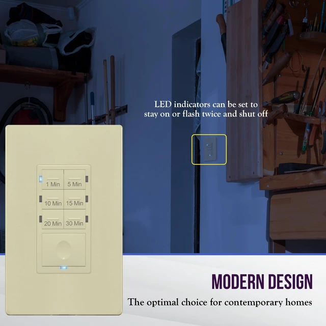 Alt view image 5 of 7 - Countdown Timer Switch for bathroom fans and household lights, 1-5-10-15-20-30 Min Settings with Manual Override, Always On Blue LED, Neutral Wire Required, UL Listed, HET06A-R-I, Ivory
