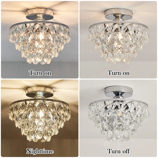 Alt view image 4 of 7 - Modern E26 Small Crystal Chandelier Semi Flush Mount Ceiling Light Fixture Silver Ceiling Lamp for Hallway Bedroom Bathroom Closet Bedroom Foyer Chrome