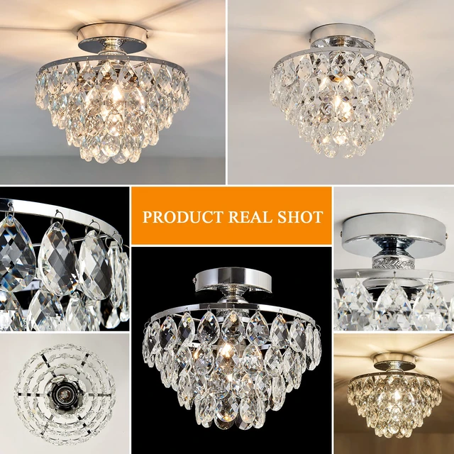 Alt view image 5 of 7 - Modern E26 Small Crystal Chandelier Semi Flush Mount Ceiling Light Fixture Silver Ceiling Lamp for Hallway Bedroom Bathroom Closet Bedroom Foyer Chrome