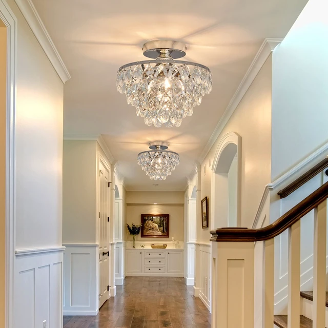 Alt view image 7 of 7 - Modern E26 Small Crystal Chandelier Semi Flush Mount Ceiling Light Fixture Silver Ceiling Lamp for Hallway Bedroom Bathroom Closet Bedroom Foyer Chrome