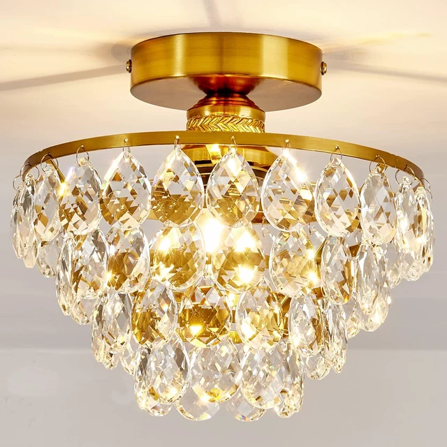 Main image of Modern E26 Small Crystal Chandelier Semi Flush Mount Ceiling Light Fixture Gold Ceiling Lamp for Hallway Bedroom Bathroom Closet Bedroom Foyer