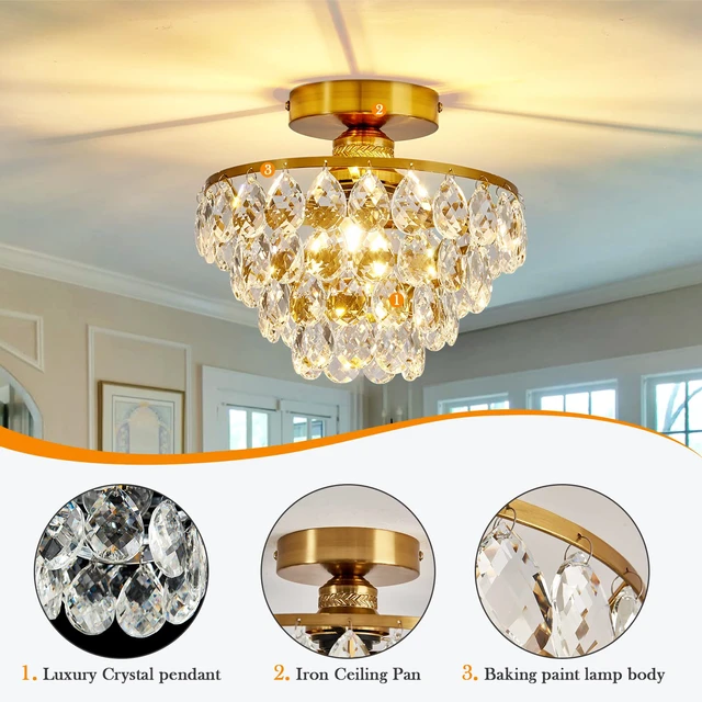 Alt view image 3 of 7 - Modern E26 Small Crystal Chandelier Semi Flush Mount Ceiling Light Fixture Gold Ceiling Lamp for Hallway Bedroom Bathroom Closet Bedroom Foyer