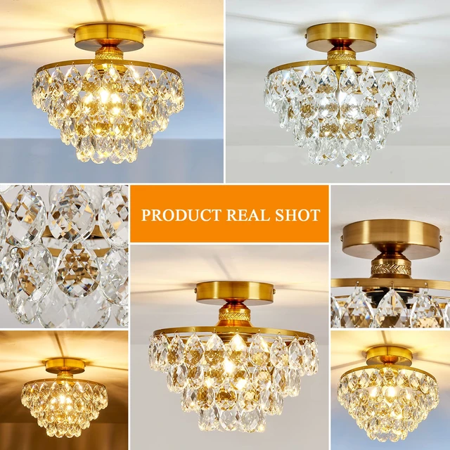 Alt view image 4 of 7 - Modern E26 Small Crystal Chandelier Semi Flush Mount Ceiling Light Fixture Gold Ceiling Lamp for Hallway Bedroom Bathroom Closet Bedroom Foyer