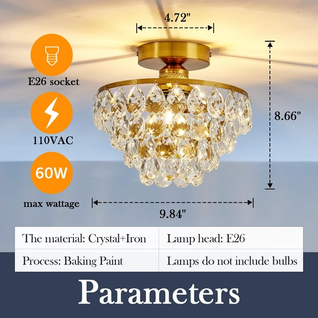 Alt view image 2 of 7 - Modern E26 Small Crystal Chandelier Semi Flush Mount Ceiling Light Fixture Gold Ceiling Lamp for Hallway Bedroom Bathroom Closet Bedroom Foyer