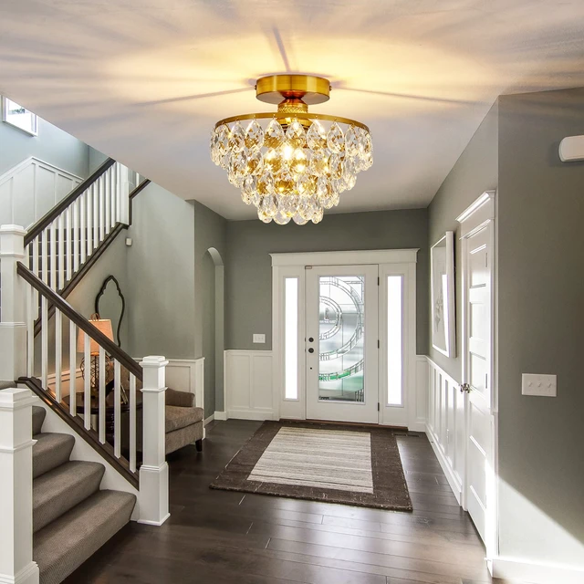 Alt view image 7 of 7 - Modern E26 Small Crystal Chandelier Semi Flush Mount Ceiling Light Fixture Gold Ceiling Lamp for Hallway Bedroom Bathroom Closet Bedroom Foyer
