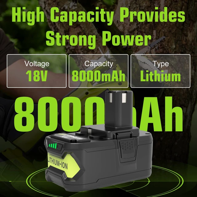 Alt view image 2 of 7 - 2 Packs 8000mAh Replacement for Ryobi 18V Battery P108(Green) Compatible with Ryobi 18 Volt Batteries P189 P190 P109 P107 P105 P104 P103 P102 P122
