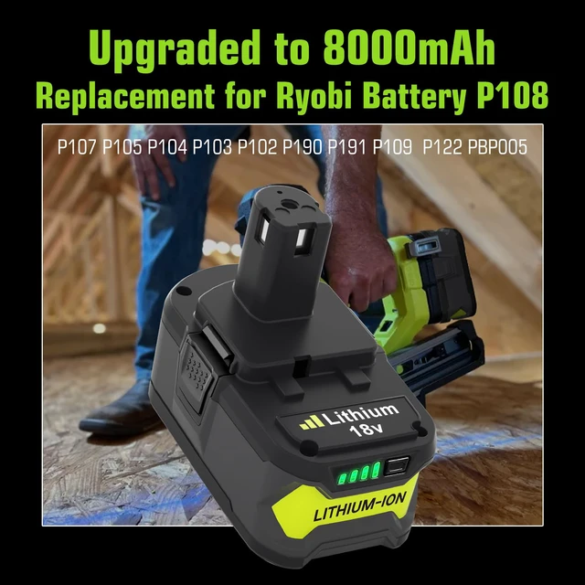 Alt view image 3 of 7 - 2 Packs 8000mAh Replacement for Ryobi 18V Battery P108(Green) Compatible with Ryobi 18 Volt Batteries P189 P190 P109 P107 P105 P104 P103 P102 P122