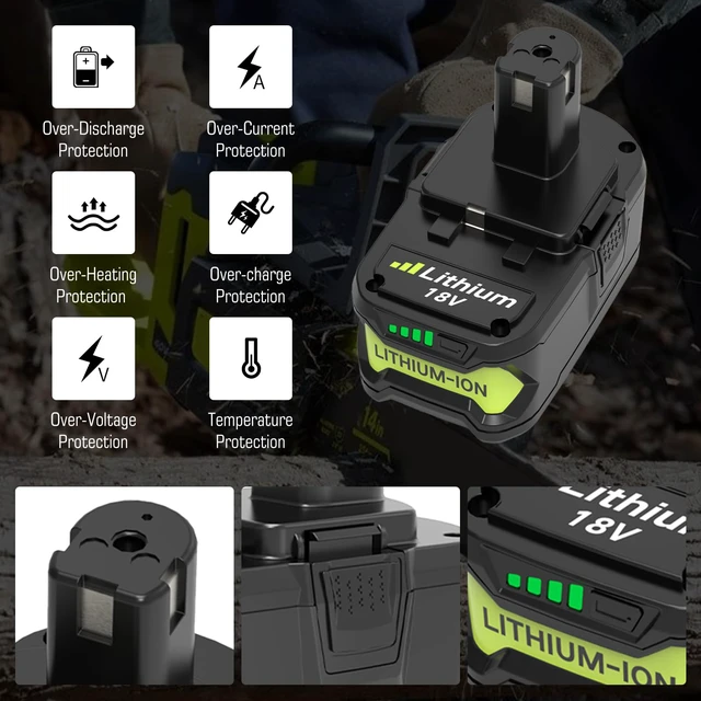Alt view image 6 of 7 - 2 Packs 8000mAh Replacement for Ryobi 18V Battery P108(Green) Compatible with Ryobi 18 Volt Batteries P189 P190 P109 P107 P105 P104 P103 P102 P122
