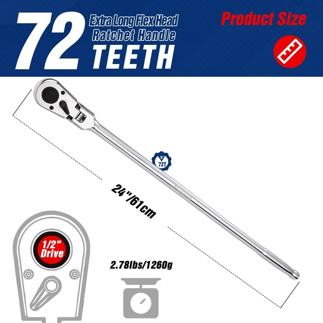 Main image of 1/2 inch Drive Extra Long Flex Head Ratchet, 24 Inch Long CR-V Steel Ratchet Handle with Chromium Plating, CR-MO Head, Quick Release Reversible Design, 72-Tooth