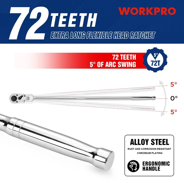 Alt view image 4 of 6 - 1/2 inch Drive Extra Long Flex Head Ratchet, 24 Inch Long CR-V Steel Ratchet Handle with Chromium Plating, CR-MO Head, Quick Release Reversible Design, 72-Tooth